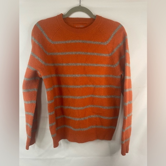 EXPRESS 100% wool sweater. Preppy style with orange and gray stripes. Size Lg - Picture 1 of 4